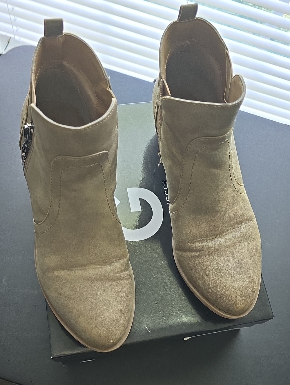 Guess Taupe Suede Pointed Ankle Booties with Side Zip